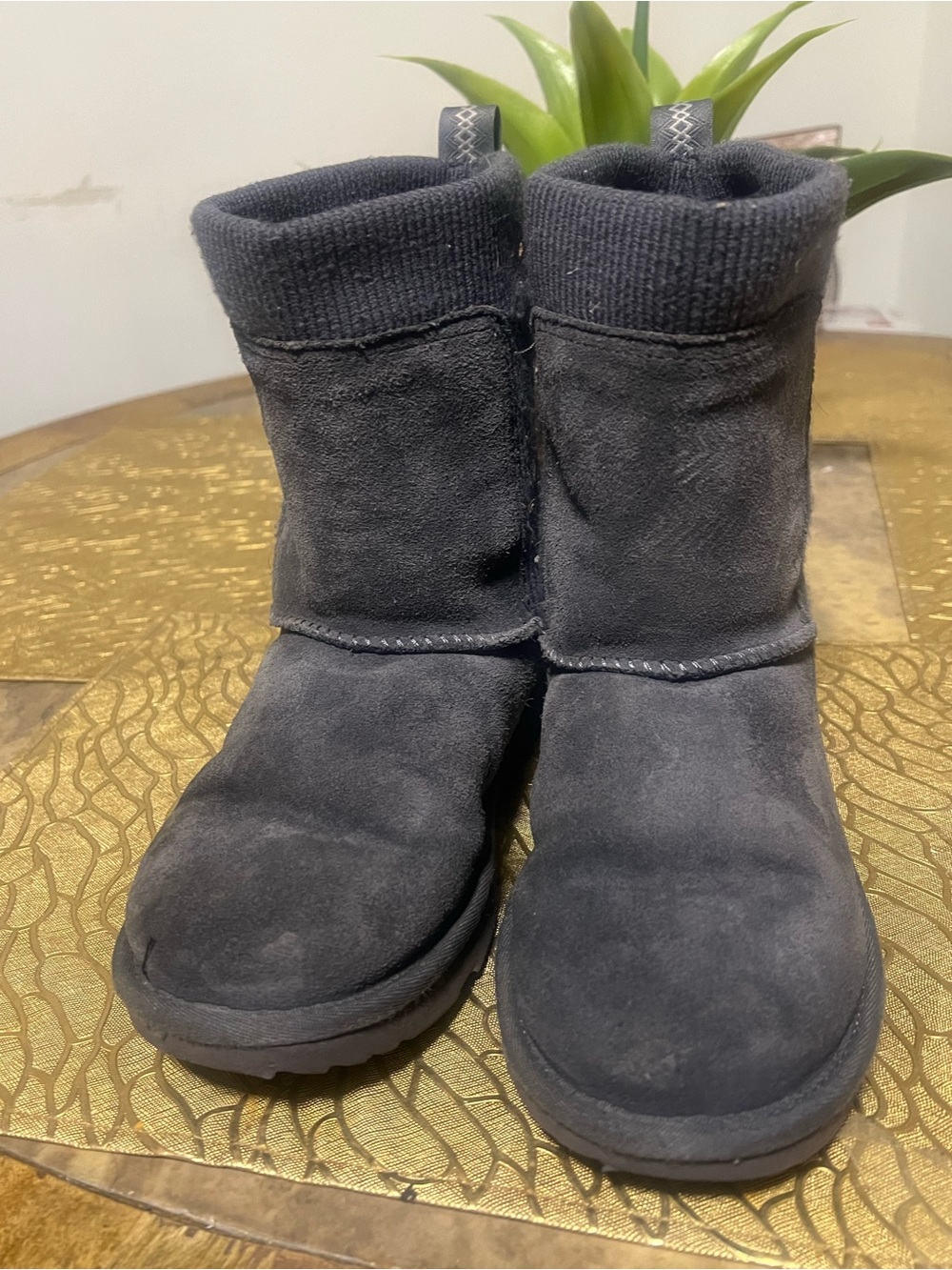 UGG Kids Black Suede Knit-Cuff Boots